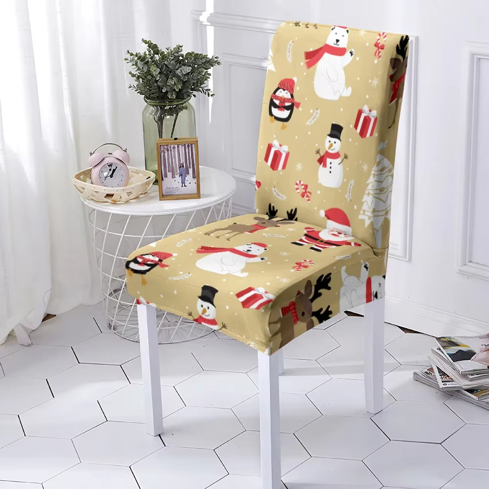 Festive Stretchable Christmas Chair Covers - Washable Elastic Seat Protectors for Dining Room & Kitchen Decor