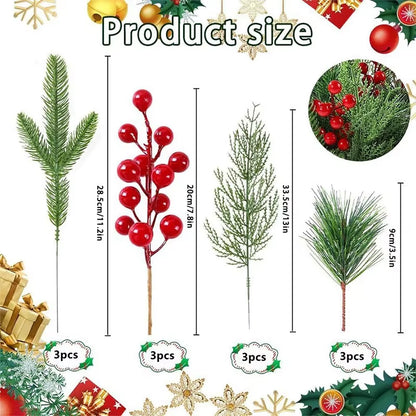 12Pcs Festive Artificial Pine Branches with Red Holly Berries for Christmas Wreaths and DIY Home Decor