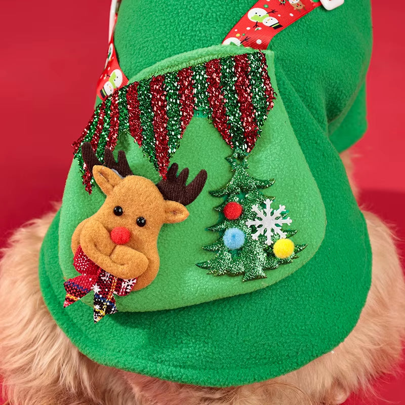 Festive Reindeer Dog Hoodie with Pocket - Cozy Fleece Sweatshirt for Small/Medium Dogs - Green Winter Outfit, Sizes S-XL