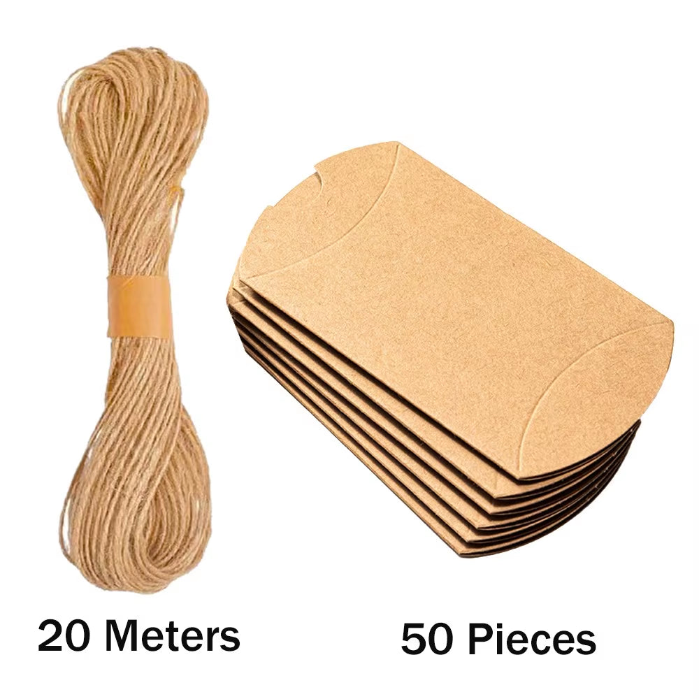 50 Premium Kraft Pillow Boxes with 20M Jute Twine - Perfect for Gifts, Weddings, Parties, Birthdays & Holidays!