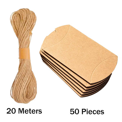 50 Premium Kraft Pillow Boxes with 20M Jute Twine - Perfect for Gifts, Weddings, Parties, Birthdays & Holidays!