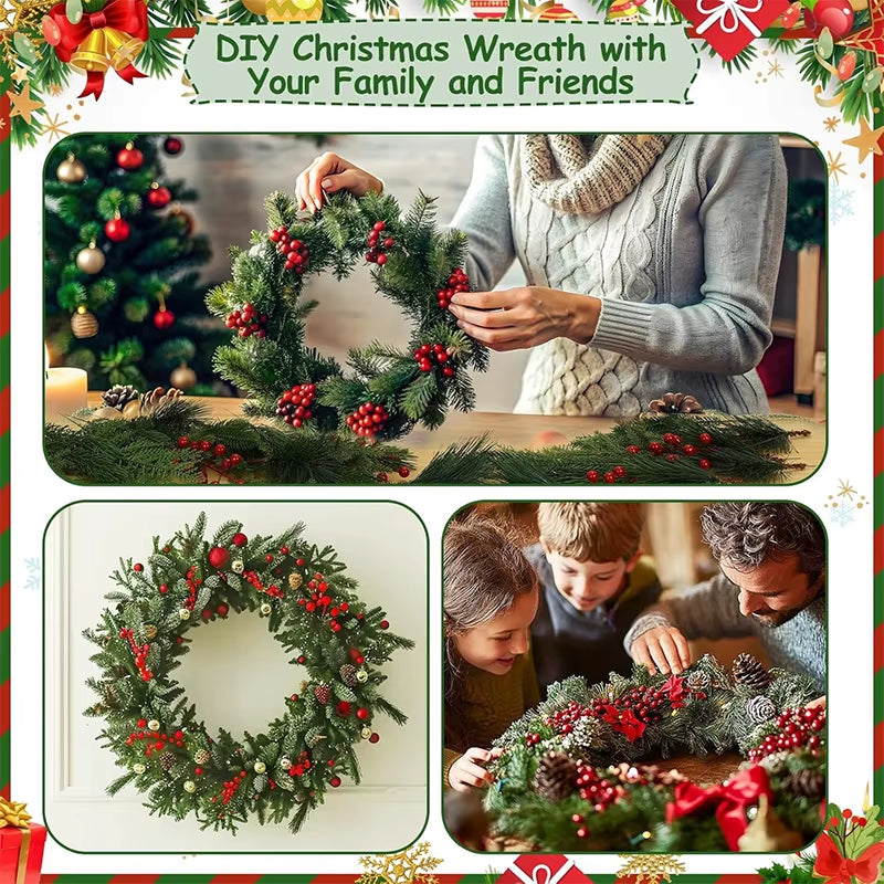 12Pcs Festive Artificial Pine Branches with Red Holly Berries for Christmas Wreaths and DIY Home Decor