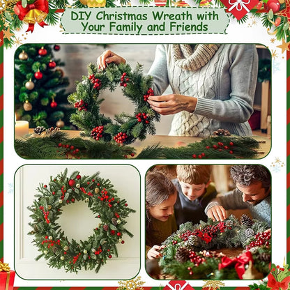 12Pcs Festive Artificial Pine Branches with Red Holly Berries for Christmas Wreaths and DIY Home Decor