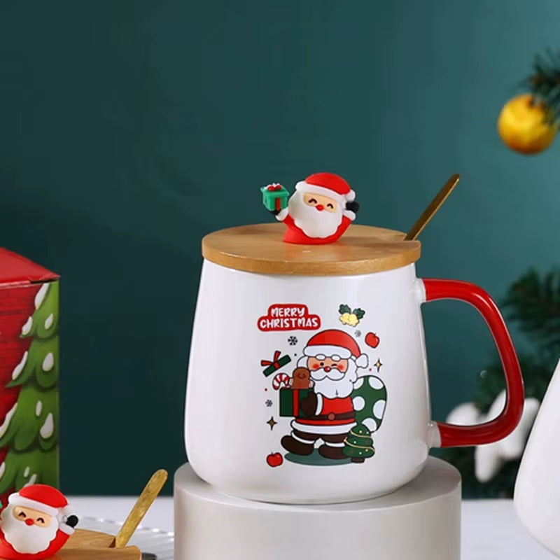 Adorable Santa Claus & Reindeer Ceramic Mug with Lid and Spoon - Perfect Christmas Gift!