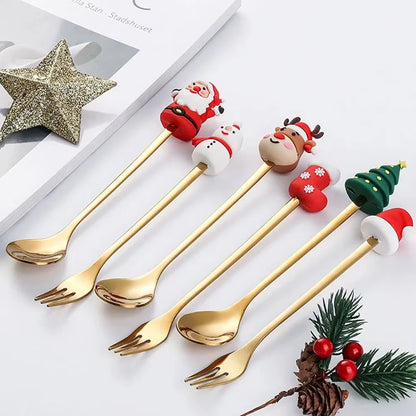 Exquisite Stainless Steel Christmas Spoon and Fork Set - Perfect Tableware for Coffee, Tea, and Desserts (2/4/6 Pieces)