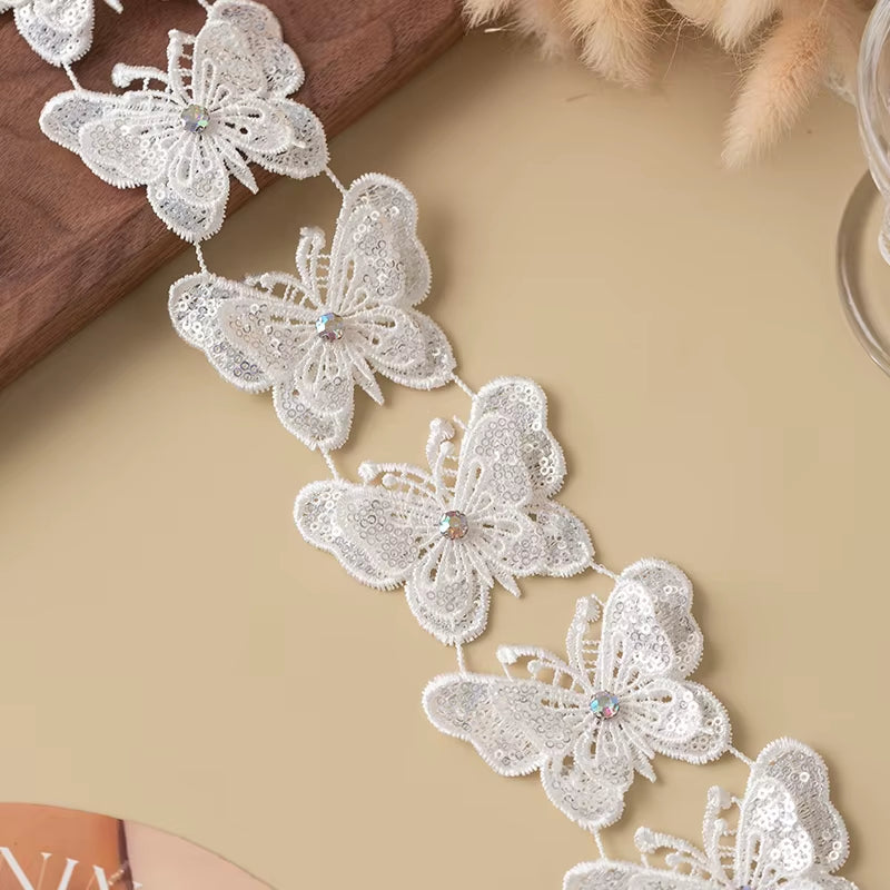 Elegant 3D Butterfly Lace Trim with Rhinestones - Perfect for Wedding Dresses, DIY Crafts, and Floral Decor!