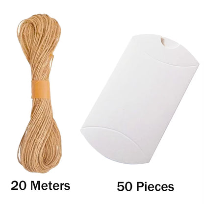 50 Premium Kraft Pillow Boxes with 20M Jute Twine - Perfect for Gifts, Weddings, Parties, Birthdays & Holidays!