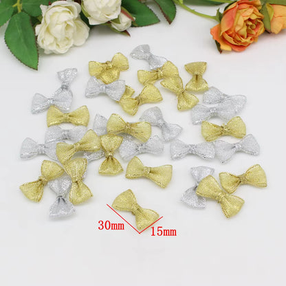 50Pcs Handmade Gold & Silver Ribbon Bows - Perfect for Wedding Invites & Craft Embellishments (15mm-30mm)