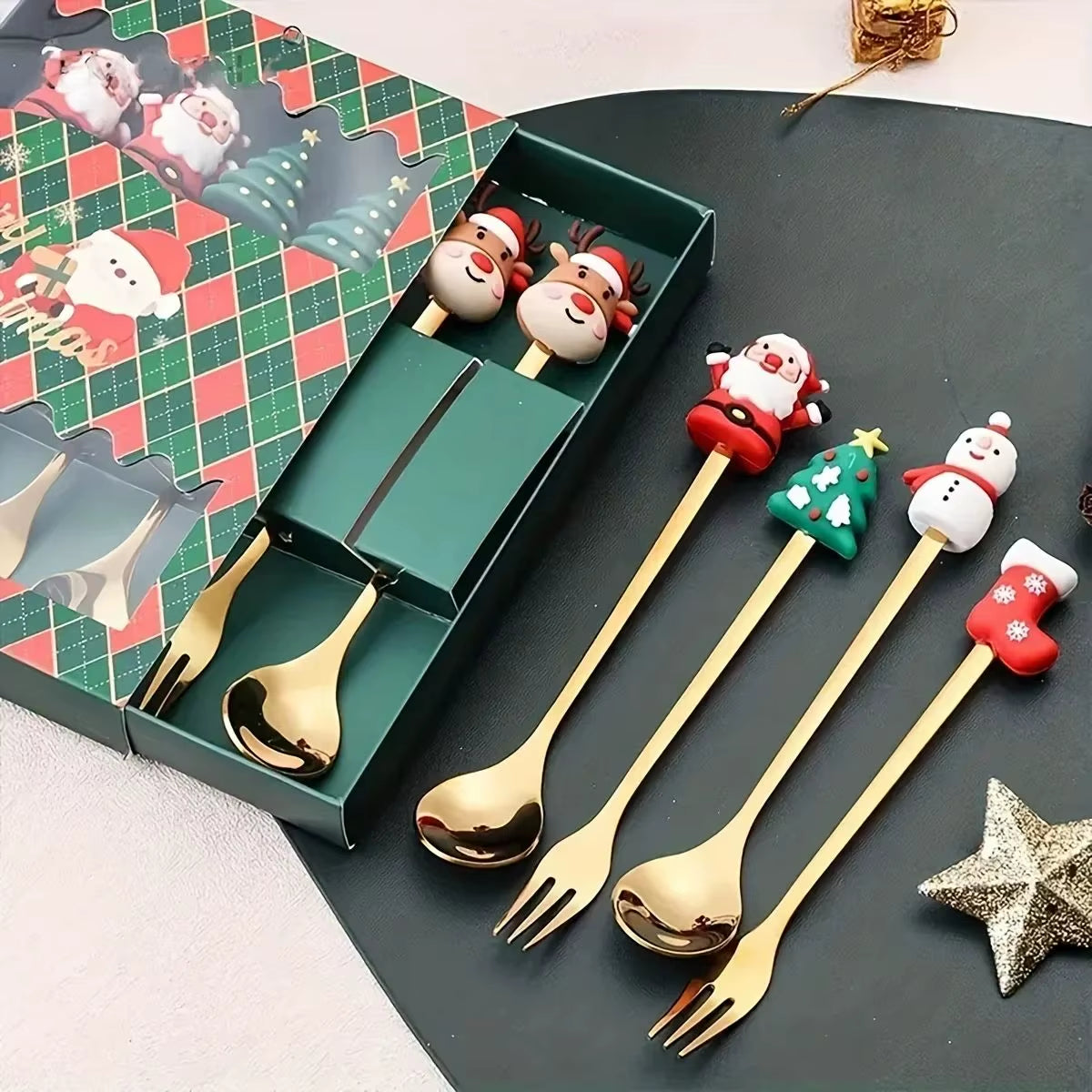 Exquisite Stainless Steel Christmas Spoon and Fork Set - Perfect Tableware for Coffee, Tea, and Desserts (2/4/6 Pieces)
