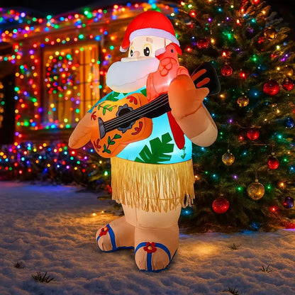 Hawaiian Santa Inflatable Christmas Decoration - 6FT LED Guitar Ornament for Home & Yard Party Decor