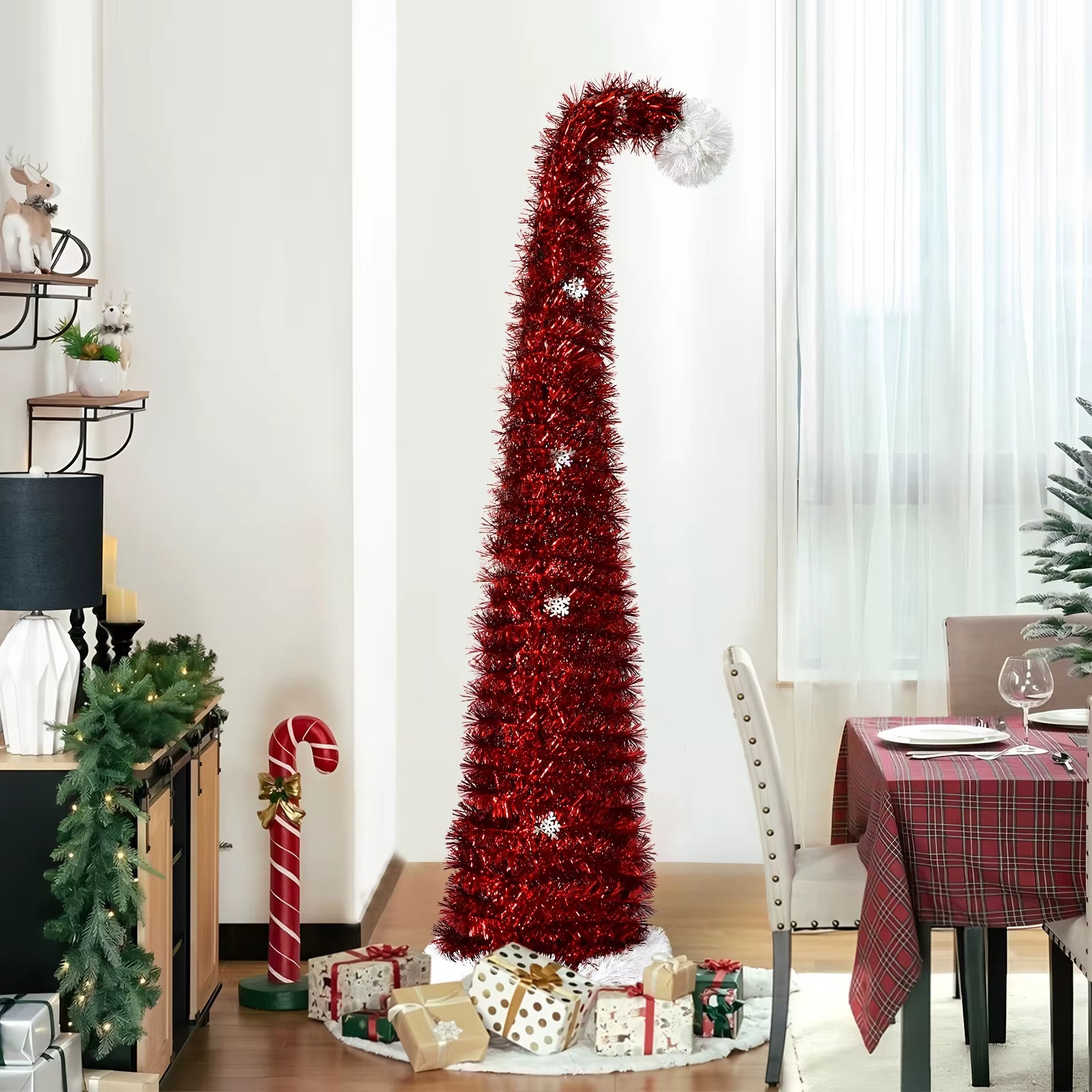 Scalable 1.5m Foldable Christmas Tree with Green Woolen Strips - Perfect Spiral Holiday Decoration!