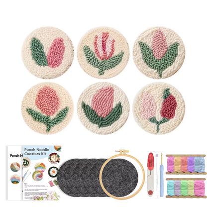 GATYZTORY 6-Piece Flower Punch Needle Coaster Kit - DIY Embroidery Craft Supplies for Stunning Tufted Coasters