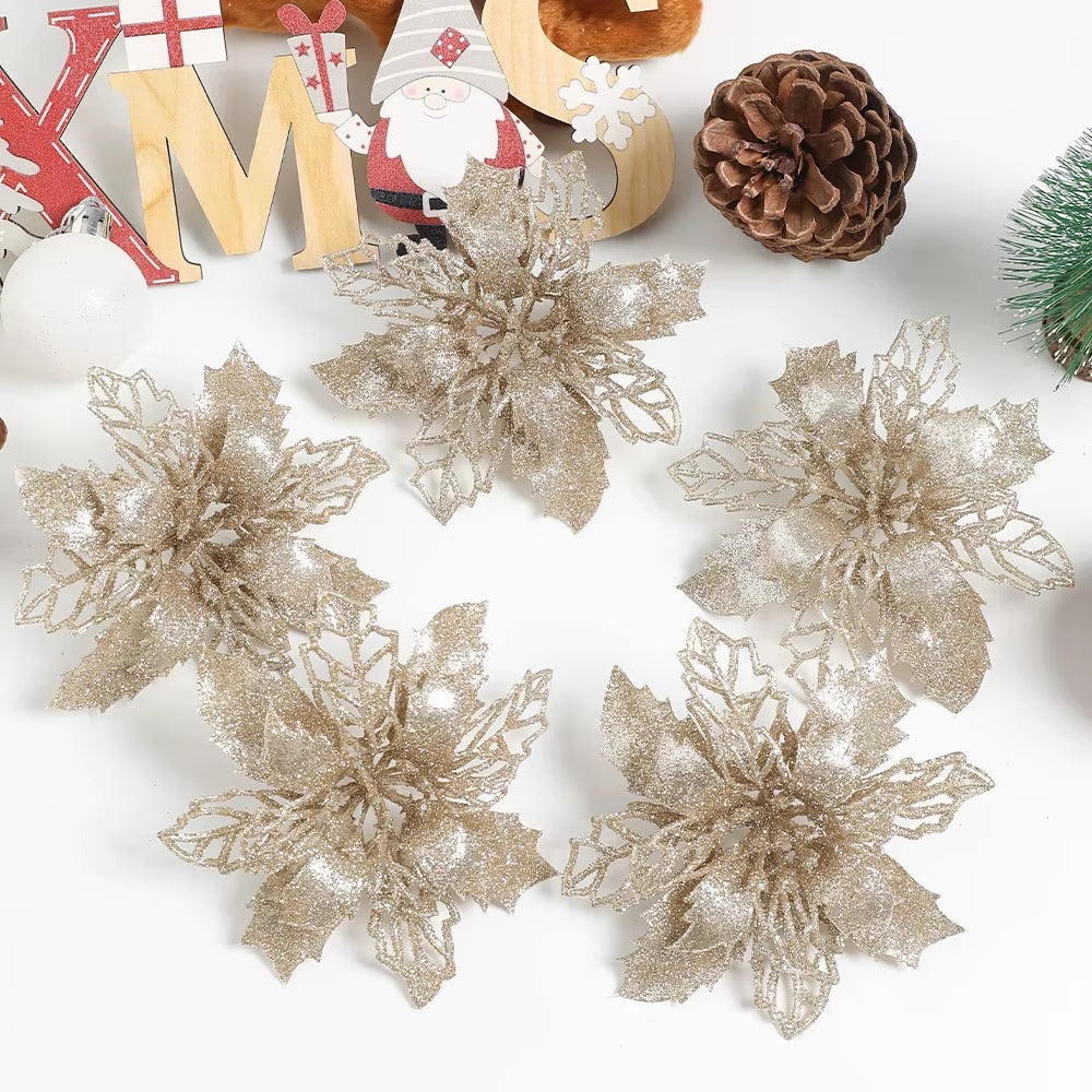 Stunning Glitter Artificial Christmas Flowers - Perfect for Wreaths, Garlands, and Holiday Decor (5/10PCS)