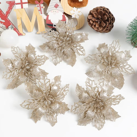 Stunning Glitter Artificial Christmas Flowers - Perfect for Wreaths, Garlands, and Holiday Decor (5/10PCS)