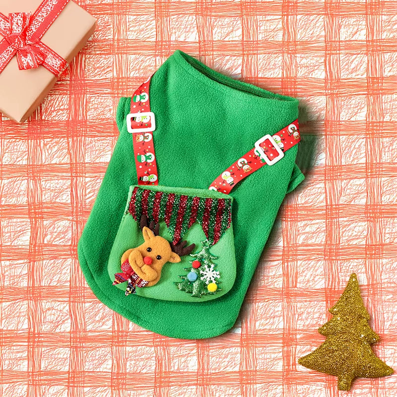 Festive Reindeer Dog Hoodie with Pocket - Cozy Fleece Sweatshirt for Small/Medium Dogs - Green Winter Outfit, Sizes S-XL