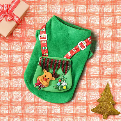 Festive Reindeer Dog Hoodie with Pocket - Cozy Fleece Sweatshirt for Small/Medium Dogs - Green Winter Outfit, Sizes S-XL
