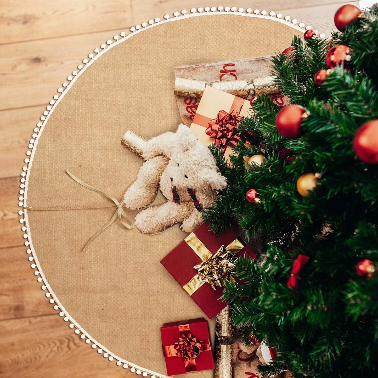 Rustic Burlap Christmas Tree Skirt - 90/120Cm Farmhouse Jute Decor for Fall and Thanksgiving