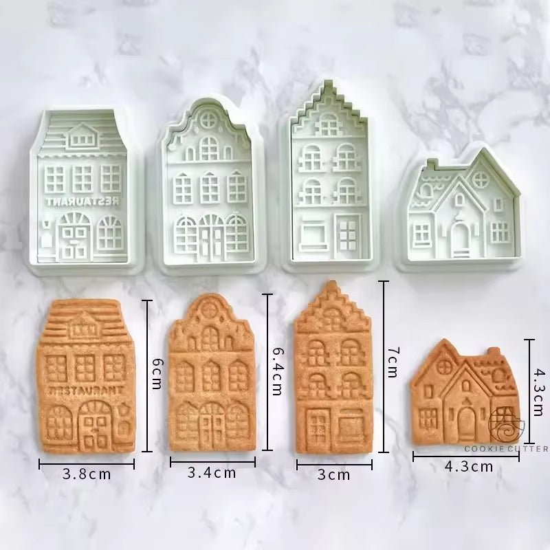 4Pcs Christmas Gingerbread House Cookie Cutters - Festive Biscuit Stamps for Cake Decorating & Baking Fun!