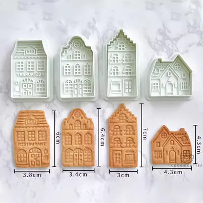 4Pcs Christmas Gingerbread House Cookie Cutters - Festive Biscuit Stamps for Cake Decorating & Baking Fun!
