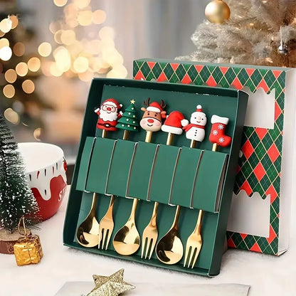 Exquisite Stainless Steel Christmas Spoon and Fork Set - Perfect Tableware for Coffee, Tea, and Desserts (2/4/6 Pieces)