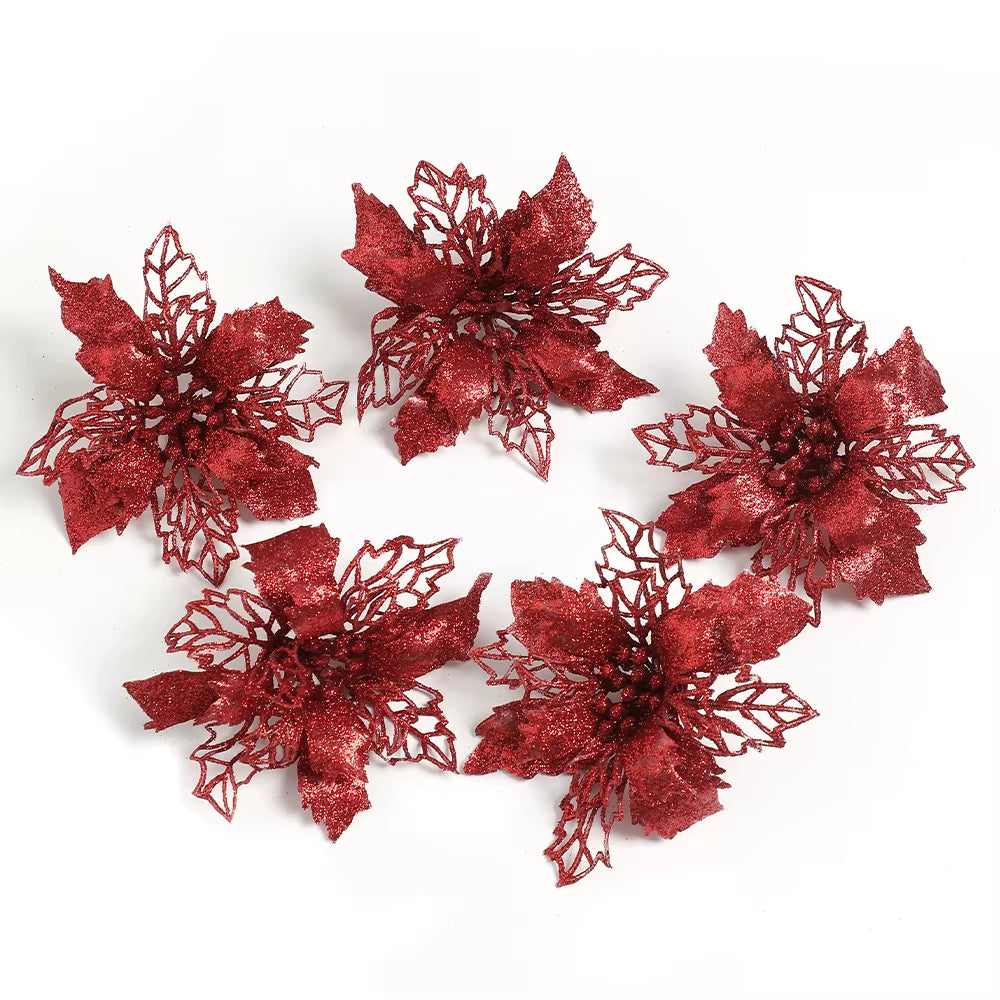 Stunning Glitter Artificial Christmas Flowers - Perfect for Wreaths, Garlands, and Holiday Decor (5/10PCS)