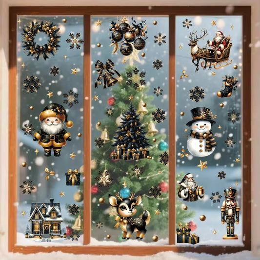 Double-Sided Removable Black Gold Christmas Window Cling Stickers - Santa Claus & Snowflake Decor