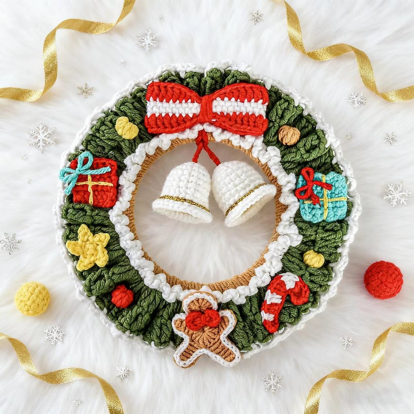 Festive Crochet Christmas Wreath - Beautiful Hanging Holiday Decoration & Bell Garland for Front Door