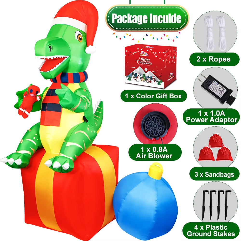 6FT Inflatable Dinosaur Christmas Decoration - Fun Outdoor & Indoor Xmas Blow-Up Yard Decor for Garden & Lawn