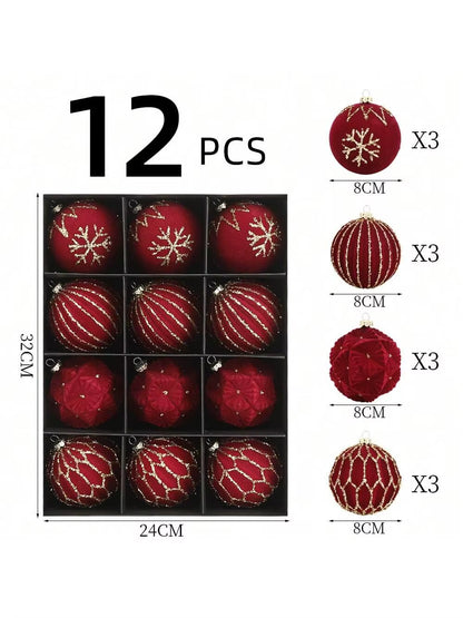 Luxurious Velvet Christmas Ball Ornaments Set - 12 Pcs 8cm Flocked Decorations for Holiday, Birthday, Wedding & Christmas Parties - Gift Box Included