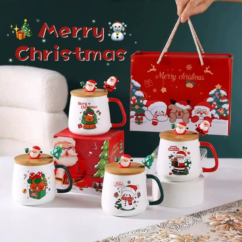 Adorable Santa Claus & Reindeer Ceramic Mug with Lid and Spoon - Perfect Christmas Gift!