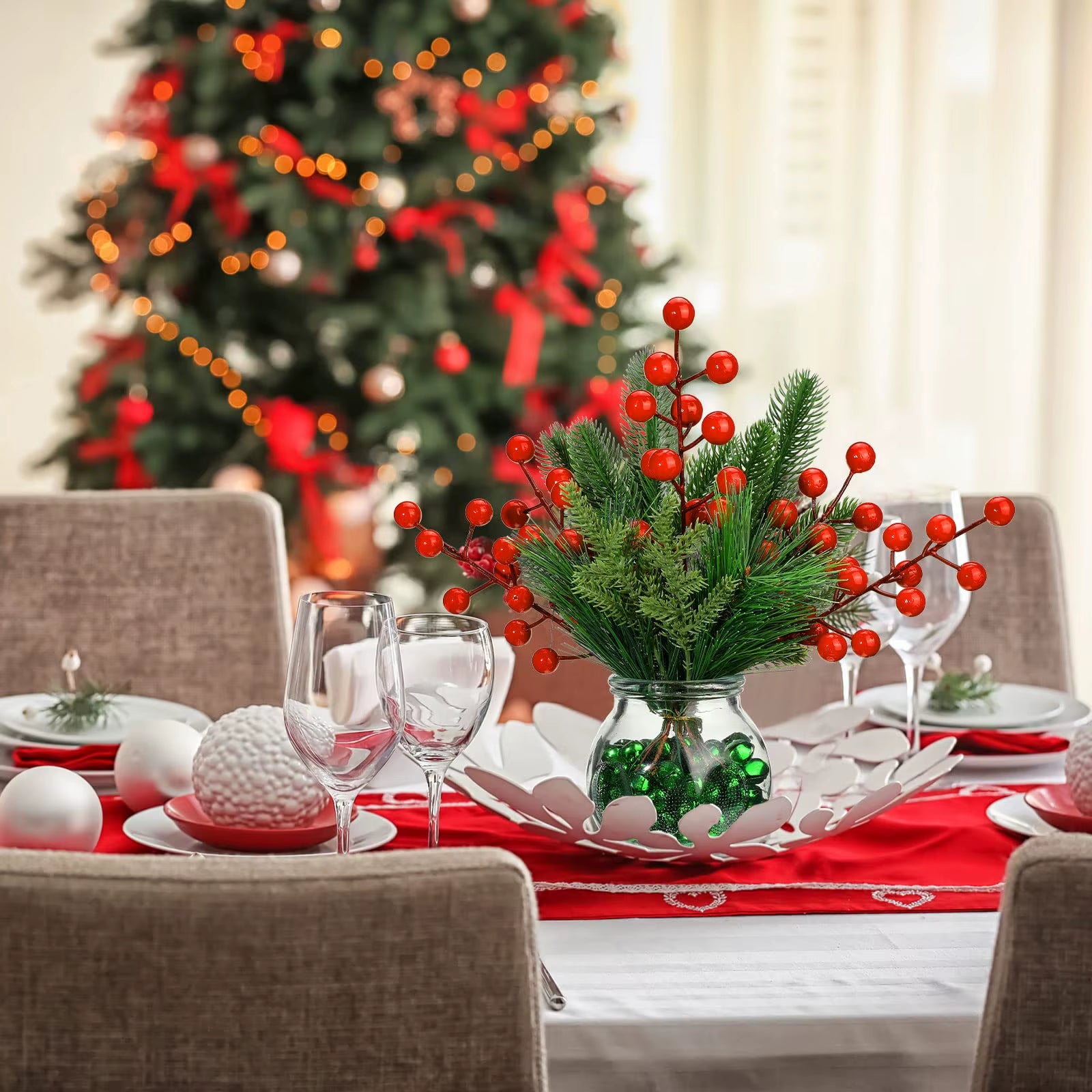 40Pcs Faux Pine Needle Branches with Red Berry Picks - Perfect for DIY Christmas Wreaths and Holiday Decorations