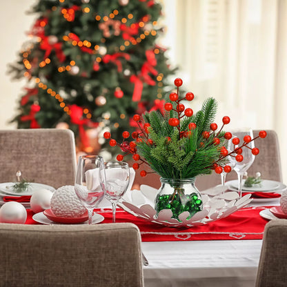 40Pcs Faux Pine Needle Branches with Red Berry Picks - Perfect for DIY Christmas Wreaths and Holiday Decorations