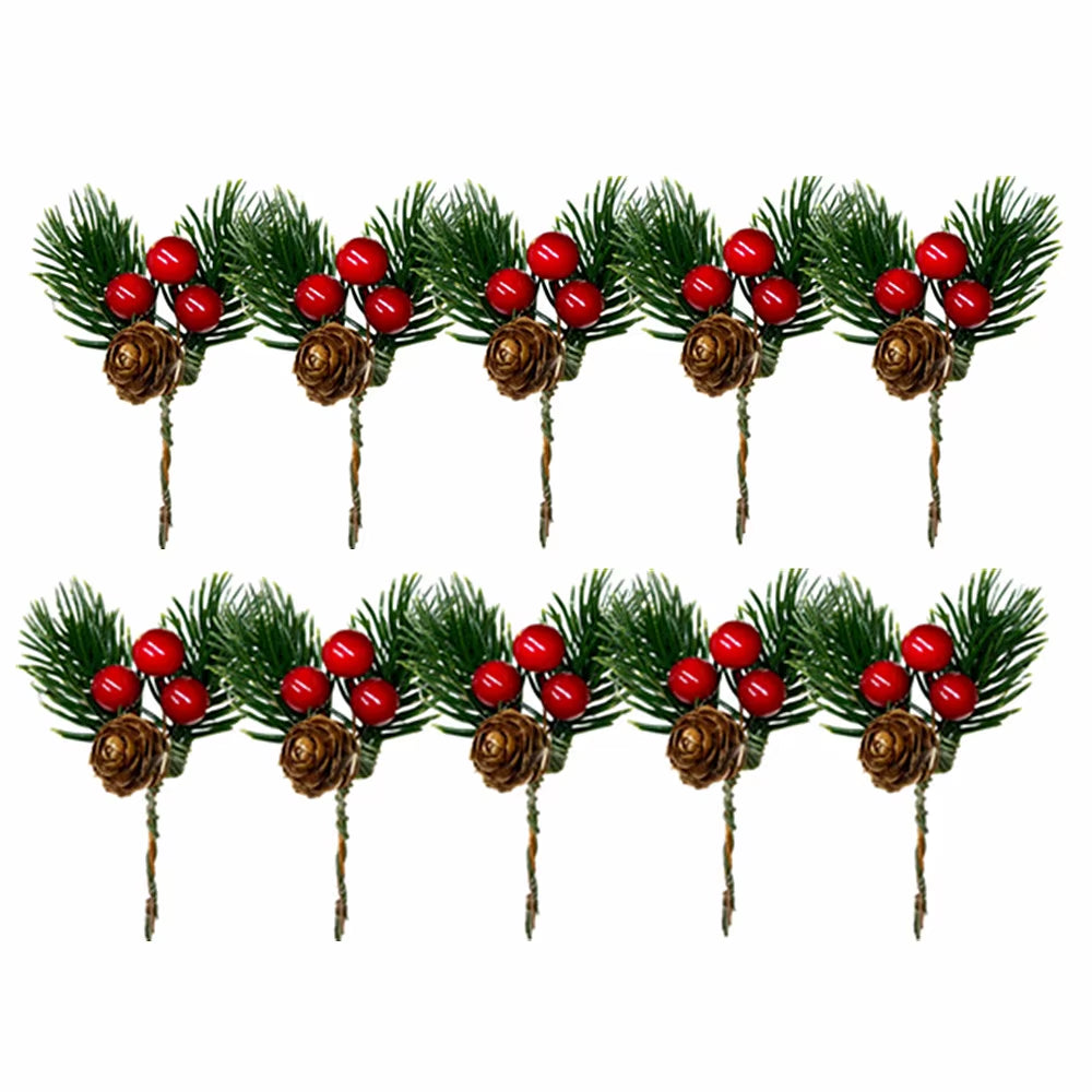 10PCS Festive Christmas Pine Cone & Red Berry Picks - Perfect for DIY Wreaths & Holiday Decorations!