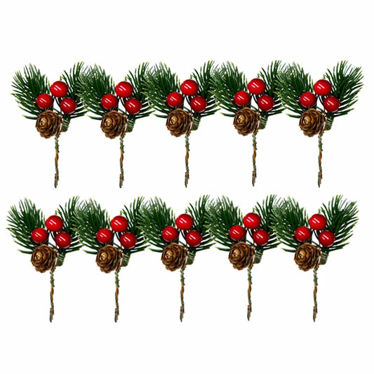 10PCS Festive Christmas Pine Cone & Red Berry Picks - Perfect for DIY Wreaths & Holiday Decorations!