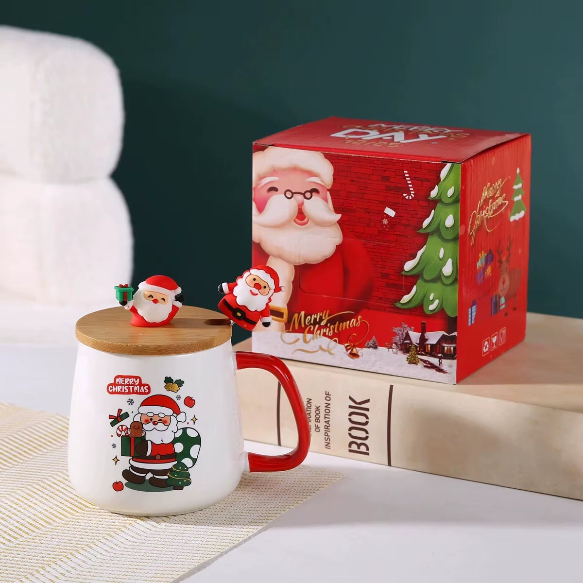 Adorable Santa Claus & Reindeer Ceramic Mug with Lid and Spoon - Perfect Christmas Gift!
