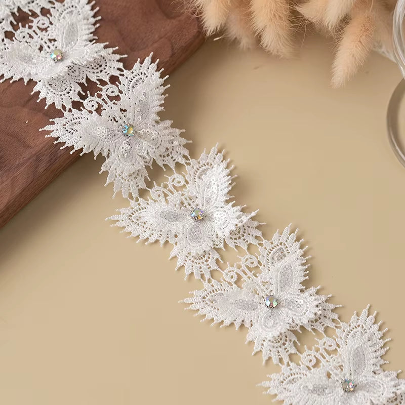 Elegant 3D Butterfly Lace Trim with Rhinestones - Perfect for Wedding Dresses, DIY Crafts, and Floral Decor!