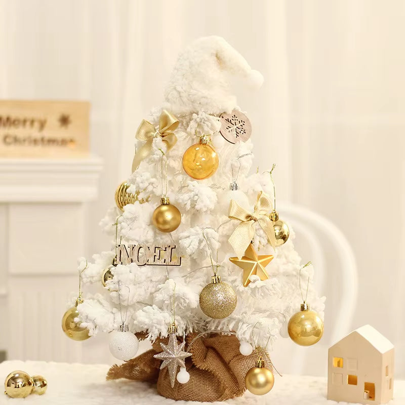 Stunning 50CM Snow-Covered LED Christmas Tree Set with Gold Ornaments - Perfect for Desktop or Window Display!