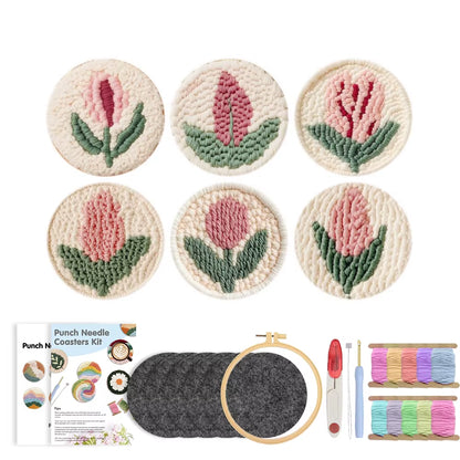 GATYZTORY 6-Piece Flower Punch Needle Coaster Kit - DIY Embroidery Craft Supplies for Stunning Tufted Coasters