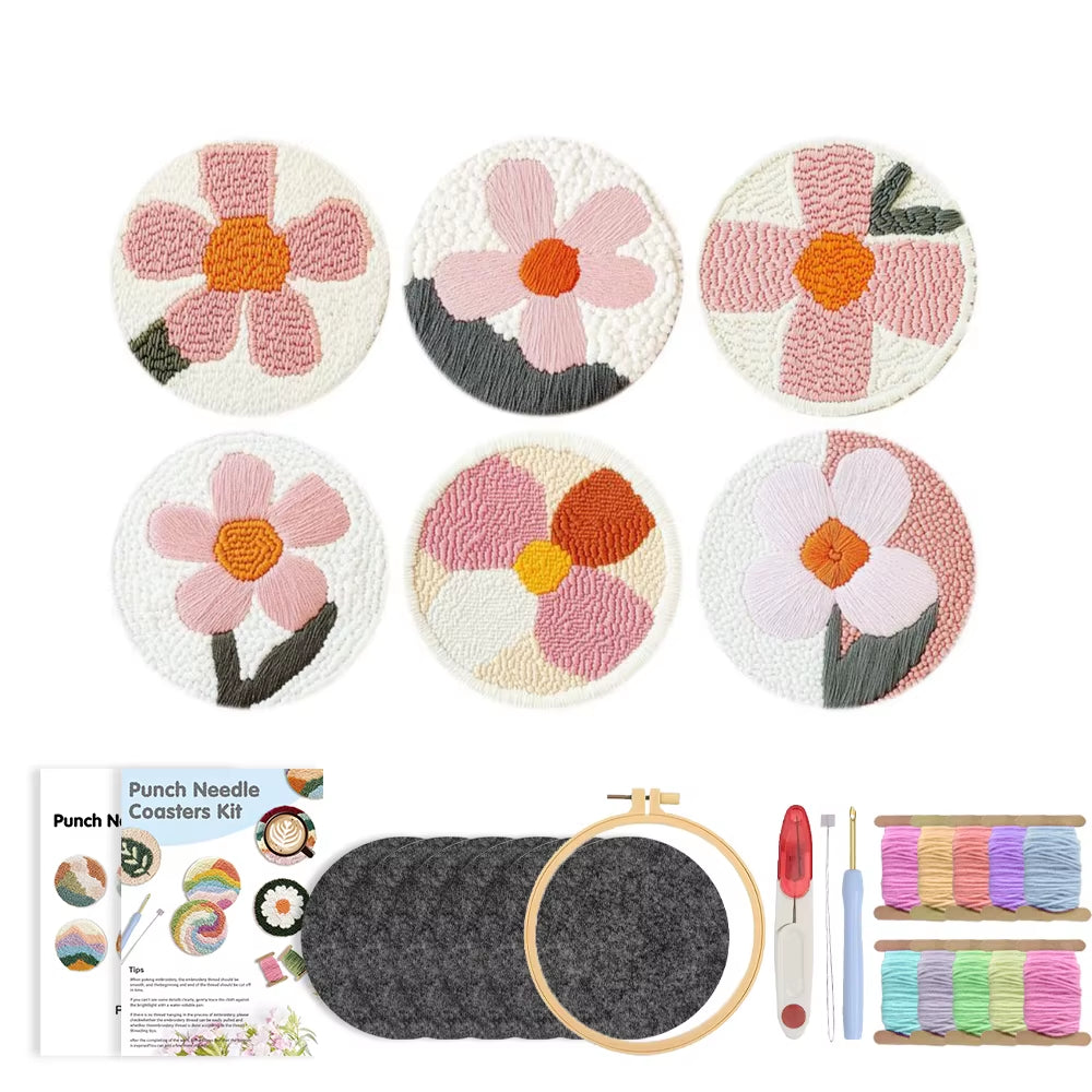 GATYZTORY 6-Piece Flower Punch Needle Coaster Kit - DIY Embroidery Craft Supplies for Stunning Tufted Coasters