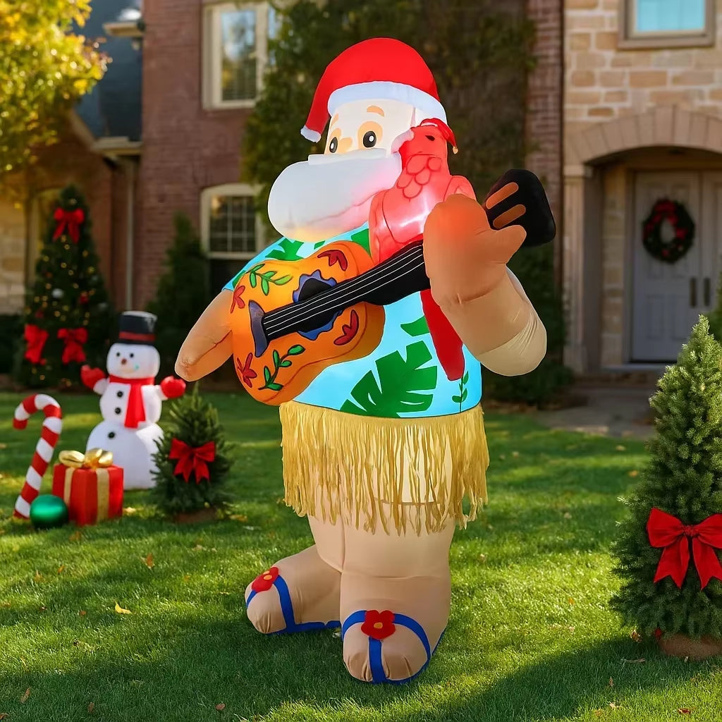 Hawaiian Santa Inflatable Christmas Decoration - 6FT LED Guitar Ornament for Home & Yard Party Decor