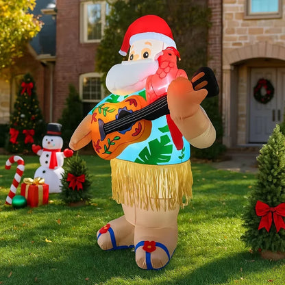 Hawaiian Santa Inflatable Christmas Decoration - 6FT LED Guitar Ornament for Home & Yard Party Decor