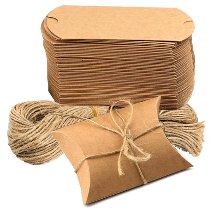 50 Premium Kraft Pillow Boxes with 20M Jute Twine - Perfect for Gifts, Weddings, Parties, Birthdays & Holidays!
