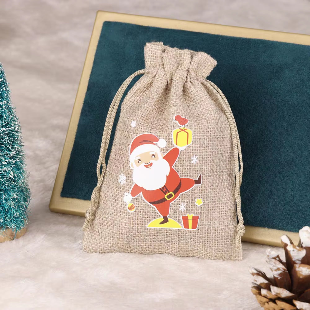 Set of 5 Christmas Burlap Drawstring Pouches - Festive Snowman & Santa Claus Designs for Jewelry Packaging & Gift Giving