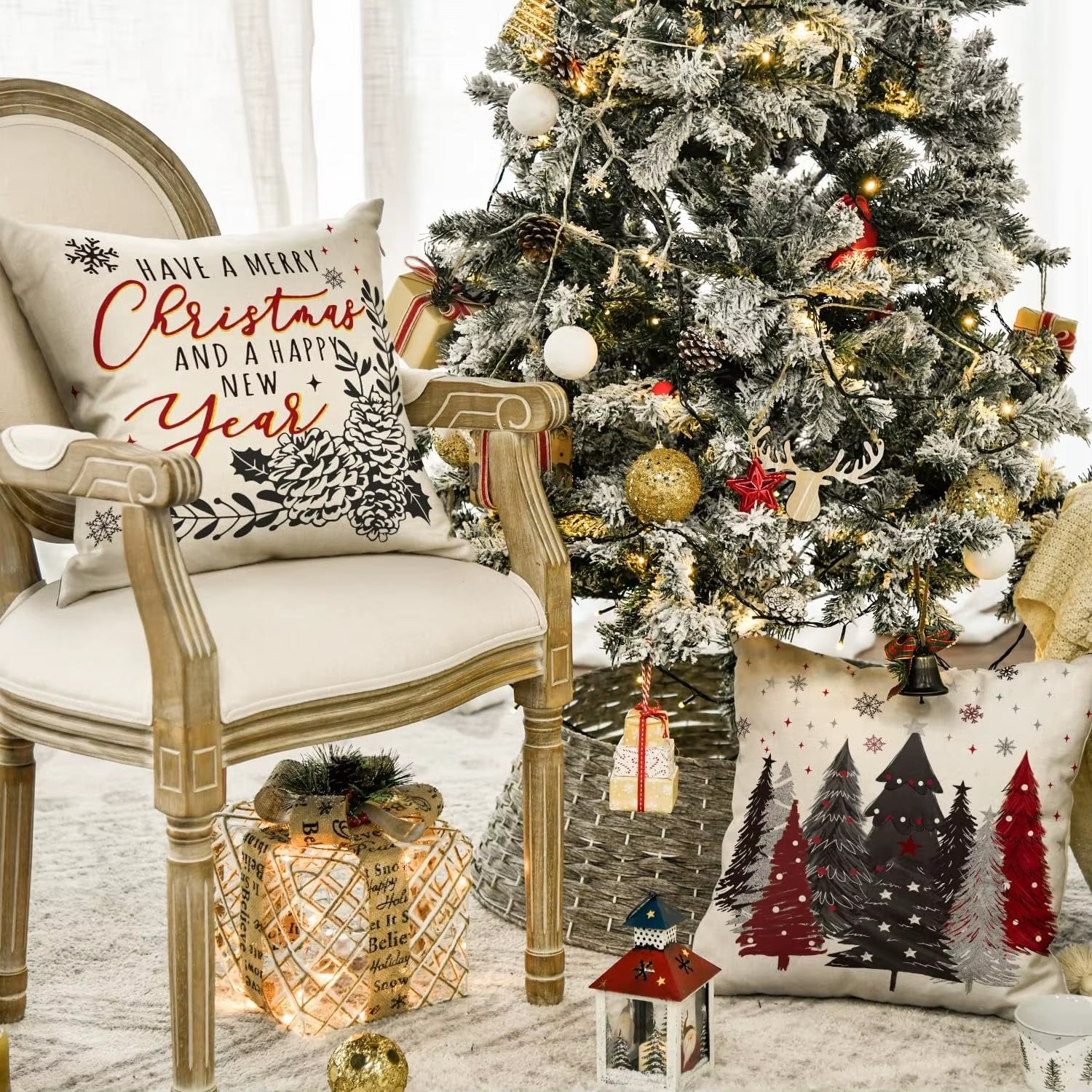 Festive Christmas Tree & Snowflake Throw Pillow Covers - Set of 4 for Cozy Holiday Decor on Sofa & Couch