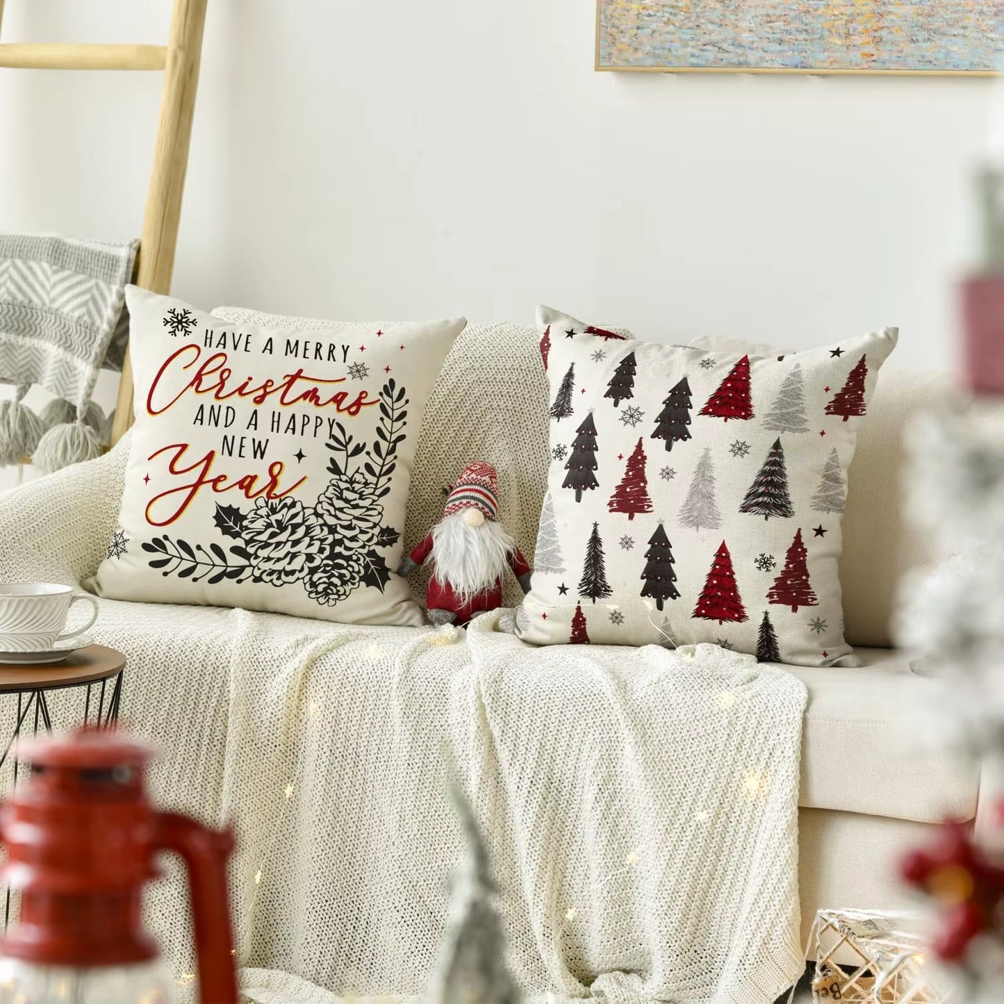 Festive Christmas Tree & Snowflake Throw Pillow Covers - Set of 4 for Cozy Holiday Decor on Sofa & Couch