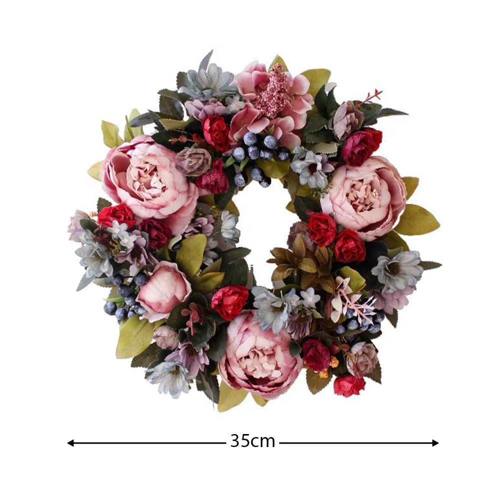 Elegant 35CM Retro Peony Flower Wreath - Luxurious Silk Wall Hanging for Christmas, Weddings, and Home Decor