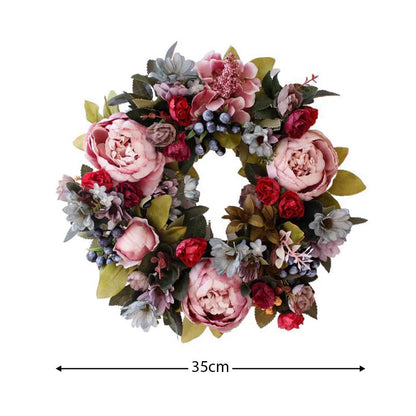 Elegant 35CM Retro Peony Flower Wreath - Luxurious Silk Wall Hanging for Christmas, Weddings, and Home Decor