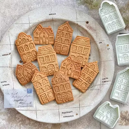 4Pcs Christmas Gingerbread House Cookie Cutters - Festive Biscuit Stamps for Cake Decorating & Baking Fun!