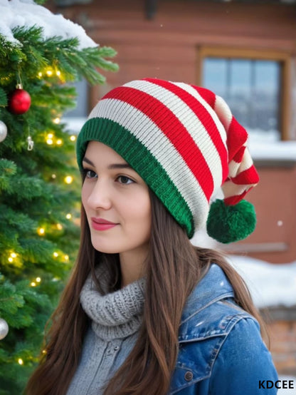 Festive Stripe Knit Christmas Hat - Unisex Red Winter Hat for 2025 New Year Celebrations & Holiday Gifts