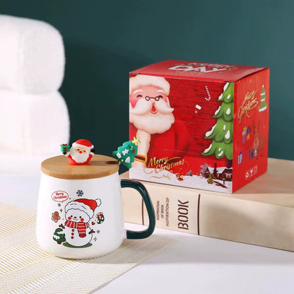 Adorable Santa Claus & Reindeer Ceramic Mug with Lid and Spoon - Perfect Christmas Gift!